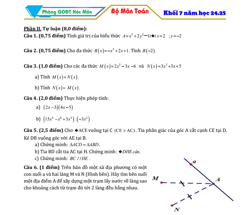 Đề thi Học kì 2 Toán 7 phòng GD&ĐT Hóc Môn (Tp.HCM) năm 2024-2025