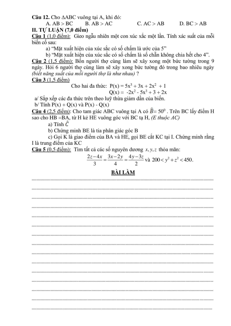 Đề thi Học kì 2 Toán 7 phòng GD&ĐT Phú Xuyên (Hà Nội) năm 2024-2025