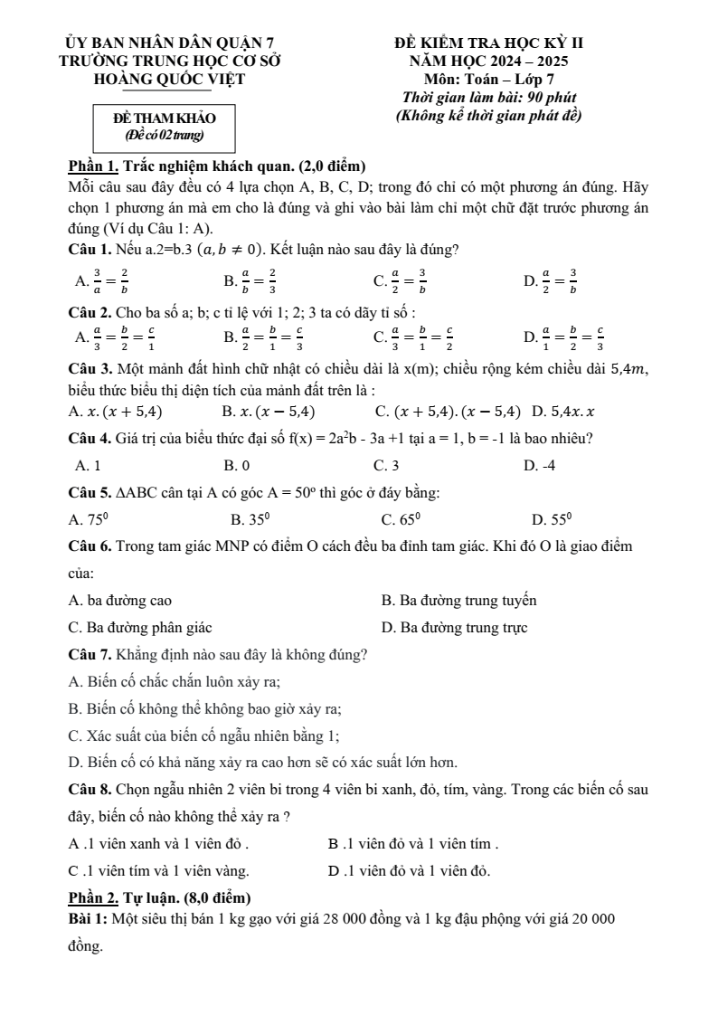 Đề thi Học kì 2 Toán 7 phòng GD&ĐT Quận 7 (Tp.HCM) năm 2024-2025