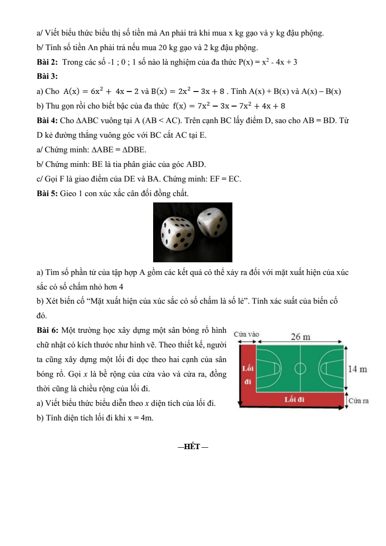 Đề thi Học kì 2 Toán 7 phòng GD&ĐT Quận 7 (Tp.HCM) năm 2024-2025