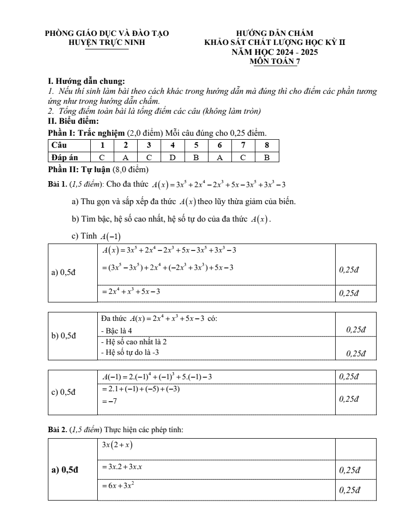 Đề thi Học kì 2 Toán 7 phòng GD&ĐT Trực Ninh (Nam Định) năm 2024-2025