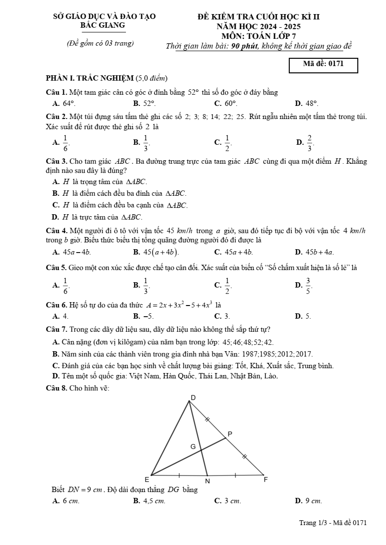 Đề thi Học kì 2 Toán 7 sở GD&ĐT Bắc Giang năm 2024-2025