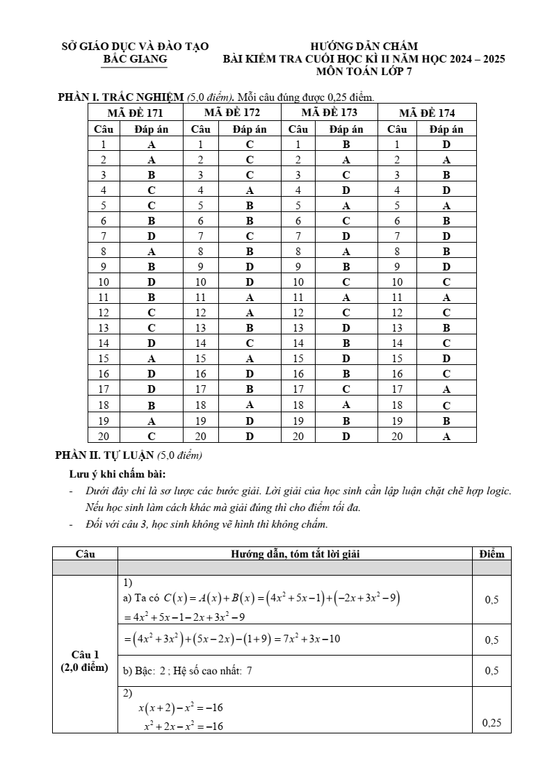 Đề thi Học kì 2 Toán 7 sở GD&ĐT Bắc Giang năm 2024-2025