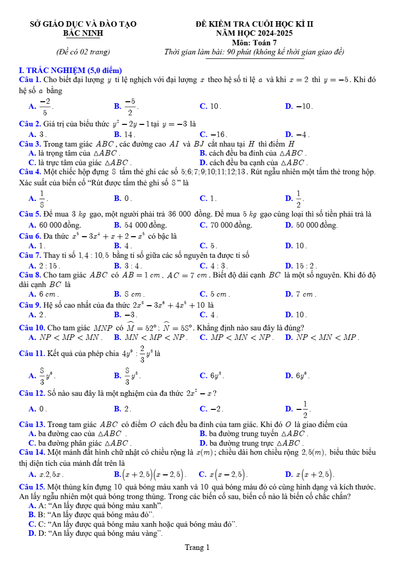 Đề thi Học kì 2 Toán 7 sở GD&ĐT Bắc Ninh năm 2024-2025