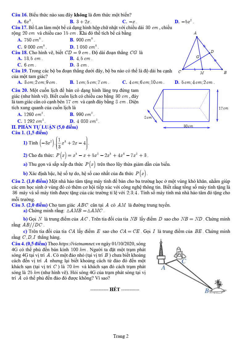 Đề thi Học kì 2 Toán 7 sở GD&ĐT Bắc Ninh năm 2024-2025