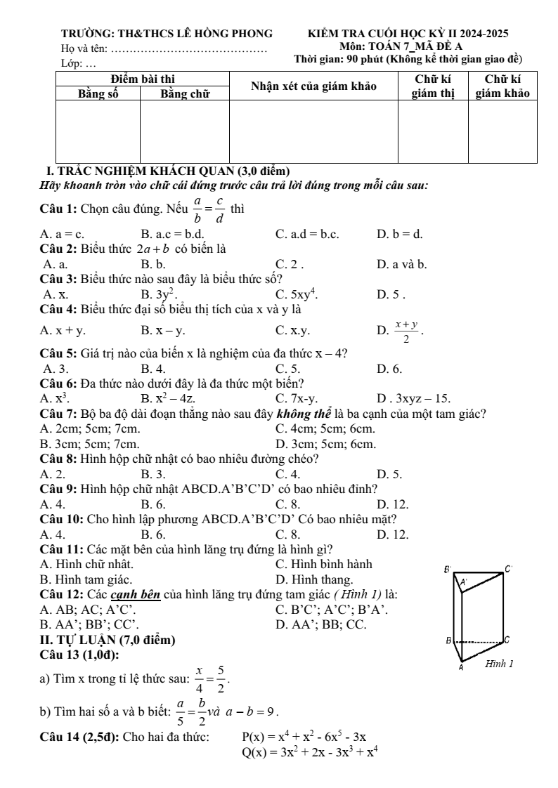 Đề thi Học kì 2 Toán 7 trường Lê Hồng Phong (Quảng Nam) năm 2024-2025