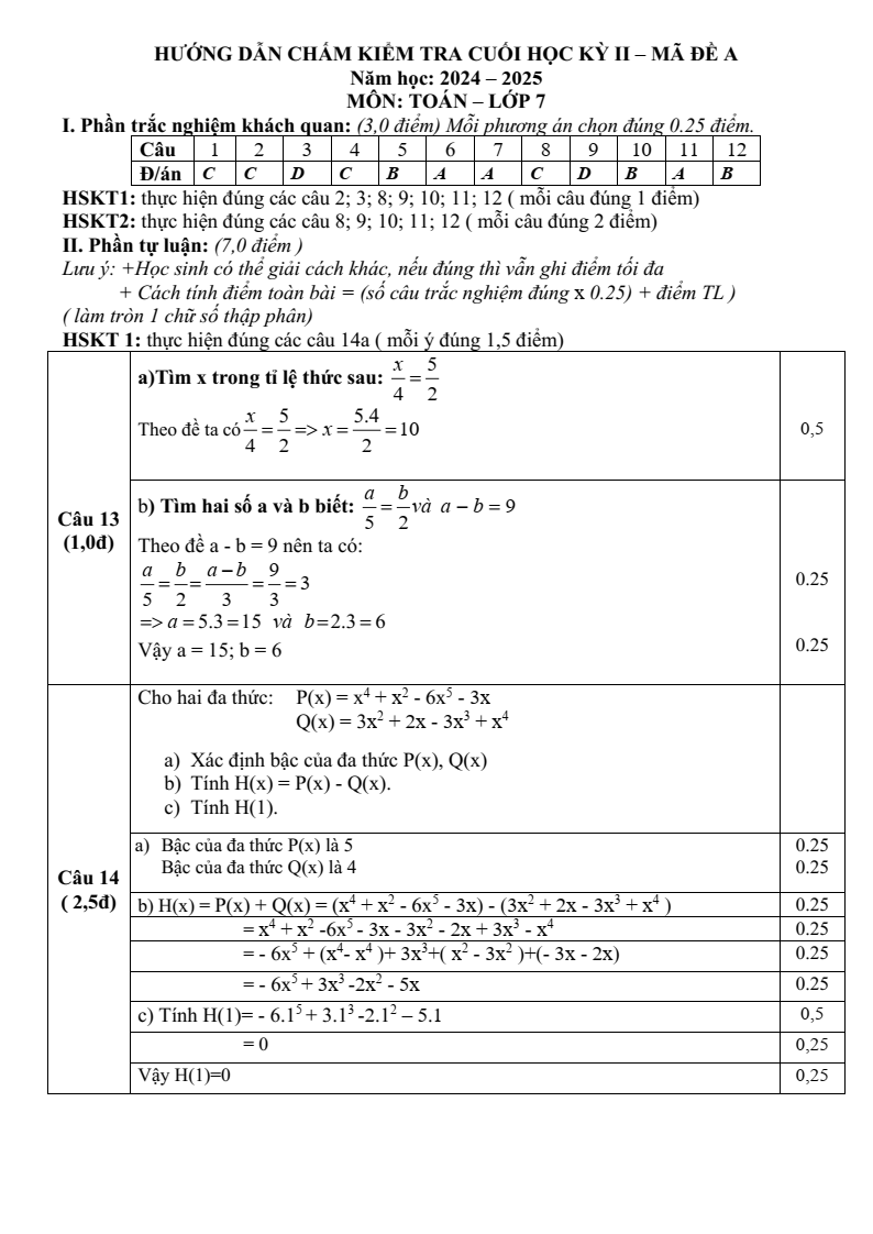 Đề thi Học kì 2 Toán 7 trường Lê Hồng Phong (Quảng Nam) năm 2024-2025