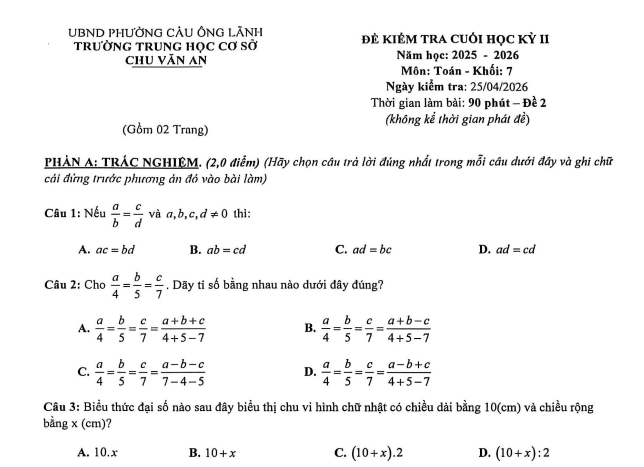 Đề thi Học kì 2 Toán 7 năm 2025-2026 trường THCS Chu Văn An (TP HCM)