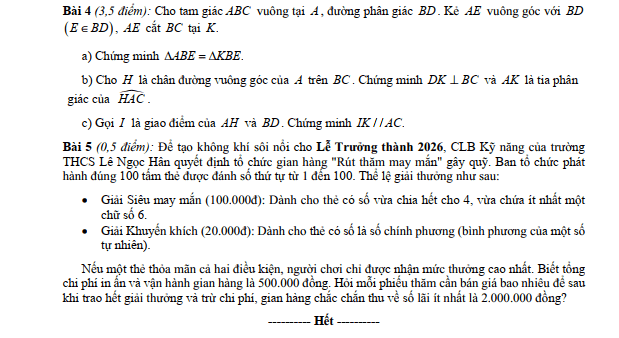 Đề thi Học kì 2 Toán 7 năm 2025-2026 trường THCS Lê Ngọc Hân (Hà Nội)