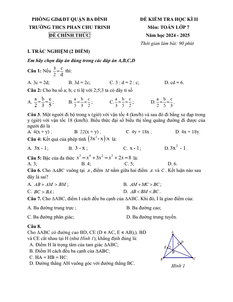 Đề thi Học kì 2 Toán 7 trường THCS Phan Chu Trinh (Hà Nội) năm 2024-2025