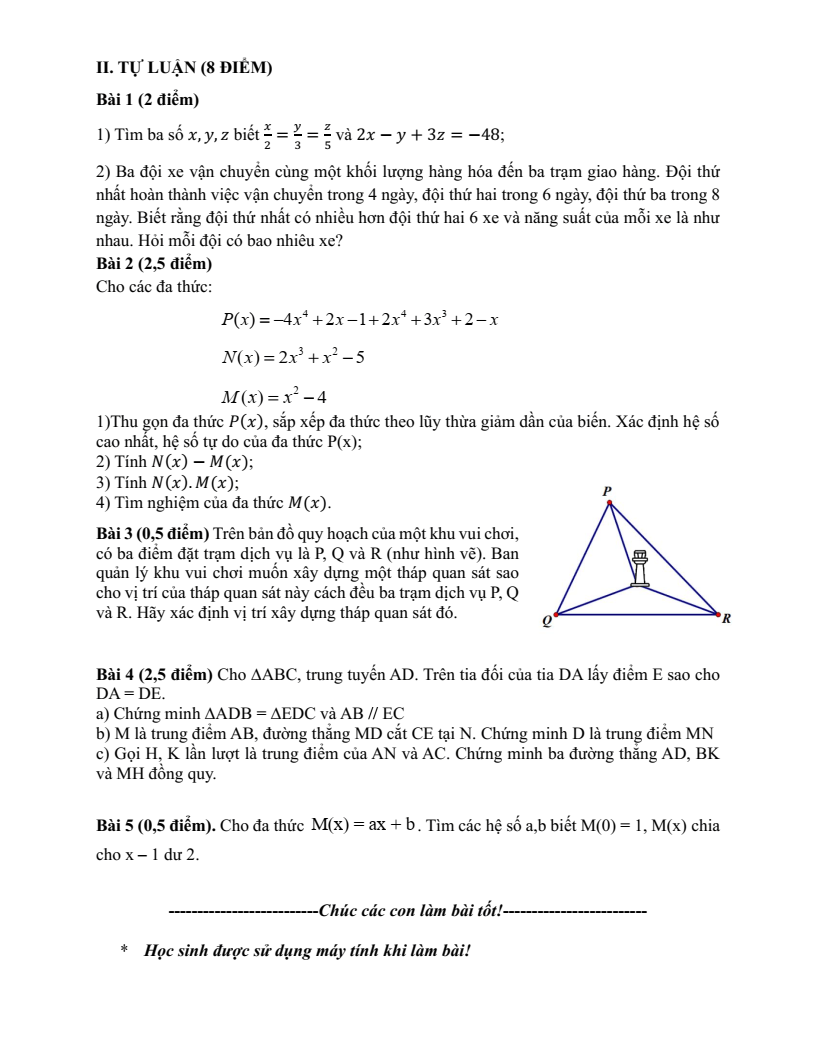 Đề thi Học kì 2 Toán 7 trường THCS Phan Chu Trinh (Hà Nội) năm 2024-2025