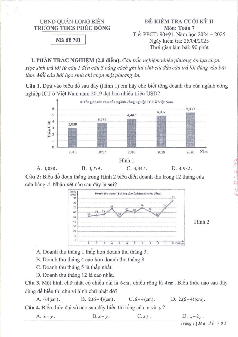 Đề thi Học kì 2 Toán 7 trường THCS Phúc Đồng (Hà Nội) năm 2024-2025