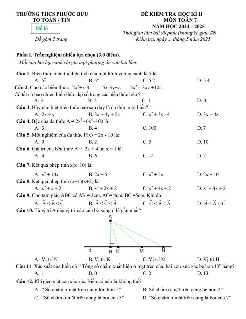 Đề thi Học kì 2 Toán 7 trường THCS Phước Bửu (Bà Rịa - Vũng Tàu) năm 2024-2025