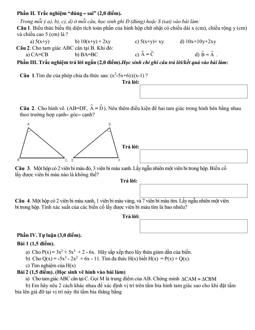 Đề thi Học kì 2 Toán 7 trường THCS Phước Bửu (Bà Rịa - Vũng Tàu) năm 2024-2025