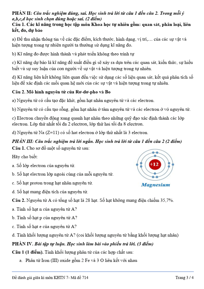 Đề thi Giữa kì 1 KHTN 7 năm 2024-2025 trường THCS Thạch Bàn (Hà Nội)
