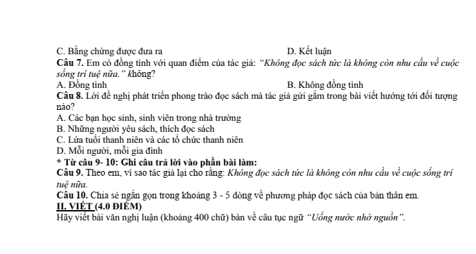 Đề thi Giữa kì 2 Văn 7 năm 2023-2024 Phòng GD&ĐT Xuân Lộc (Đồng Nai)