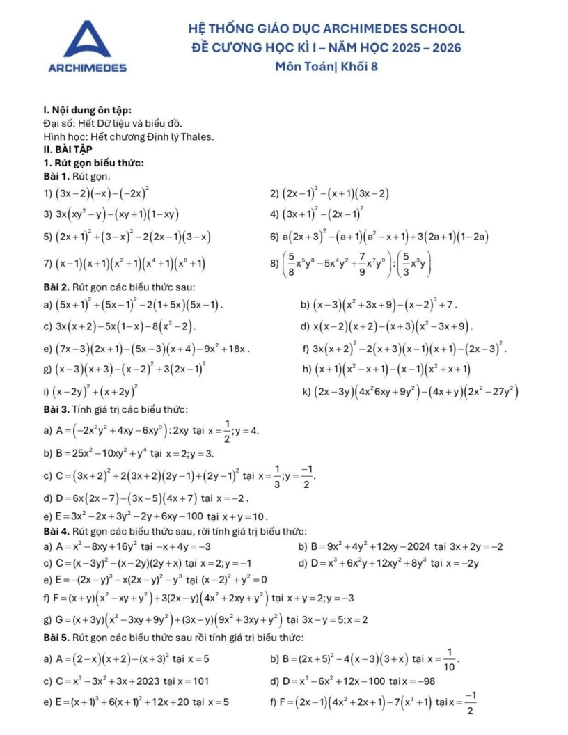 Đề cương ôn tập Học kì 1 Toán 8 Hệ thống Giáo dục Archimedes School năm 2025-2026