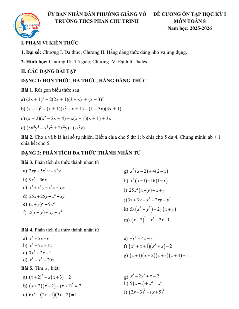Đề cương ôn tập Học kì 1 Toán 8 trường THCS Phan Chu Trinh năm 2025-2026