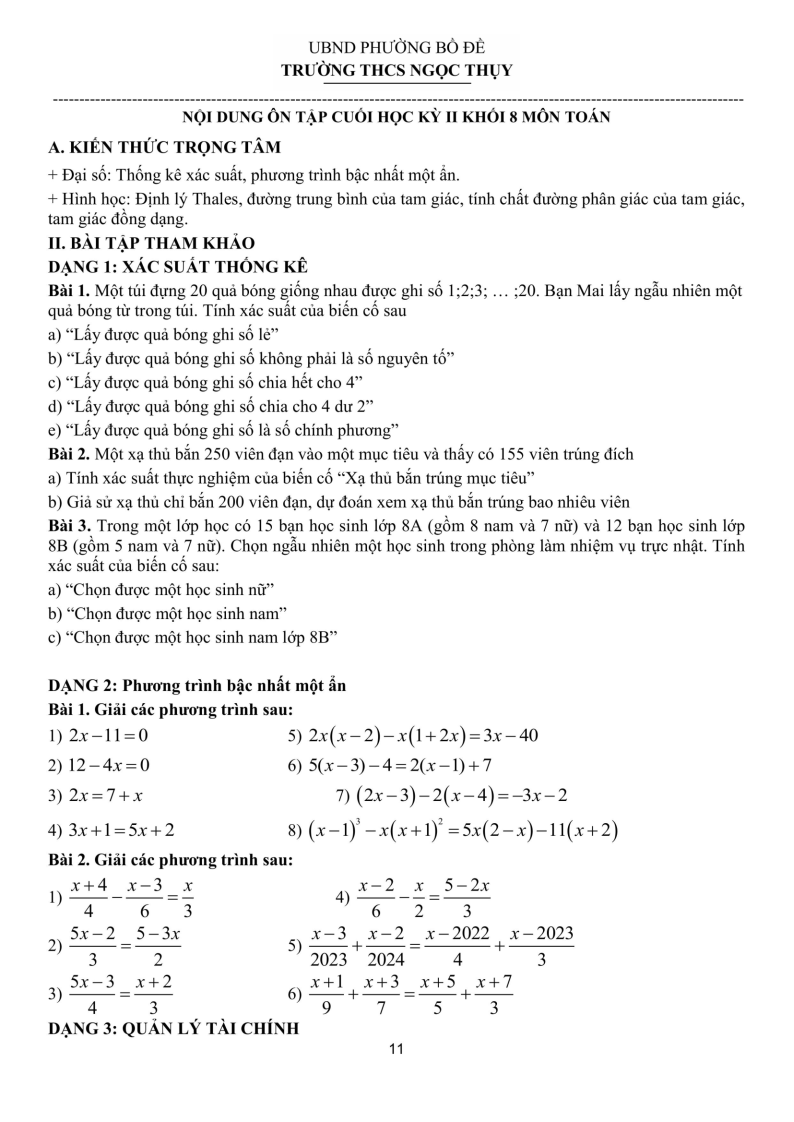 Đề cương ôn tập Học kì 2 Toán 8 trường THCS Ngọc Thụy (Hà Nội) năm 2025-2026