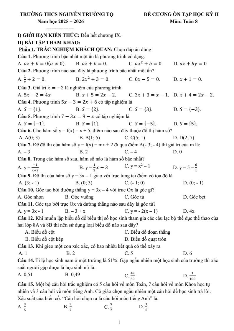 Đề cương ôn tập Học kì 2 Toán 8 trường THCS Nguyễn Trường Tộ (Hà Nội) năm 2025-2026