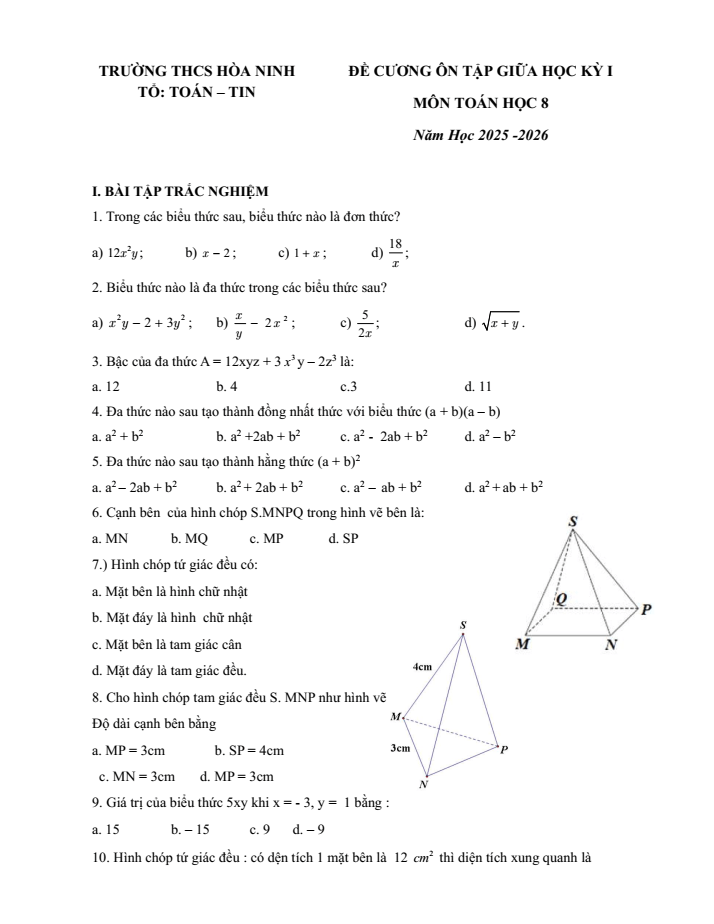 Đề cương ôn tập Giữa kì 1 Toán 8 trường THCS Hòa Ninh năm 2025-2026