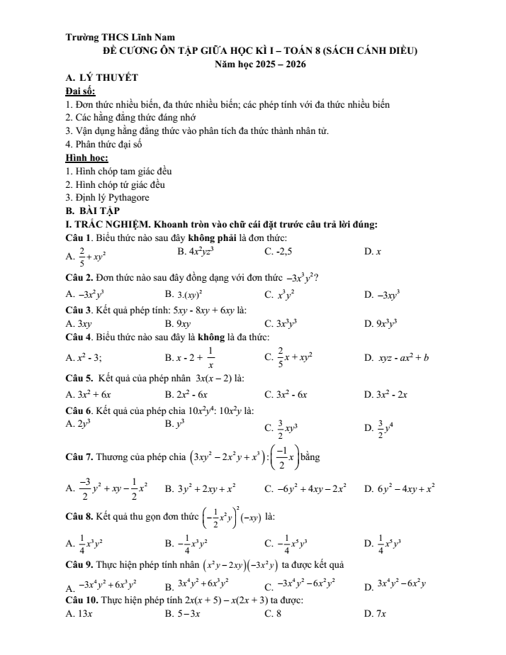 Đề cương ôn tập Giữa kì 1 Toán 8 trường THCS Lĩnh Nam năm 2025-2026