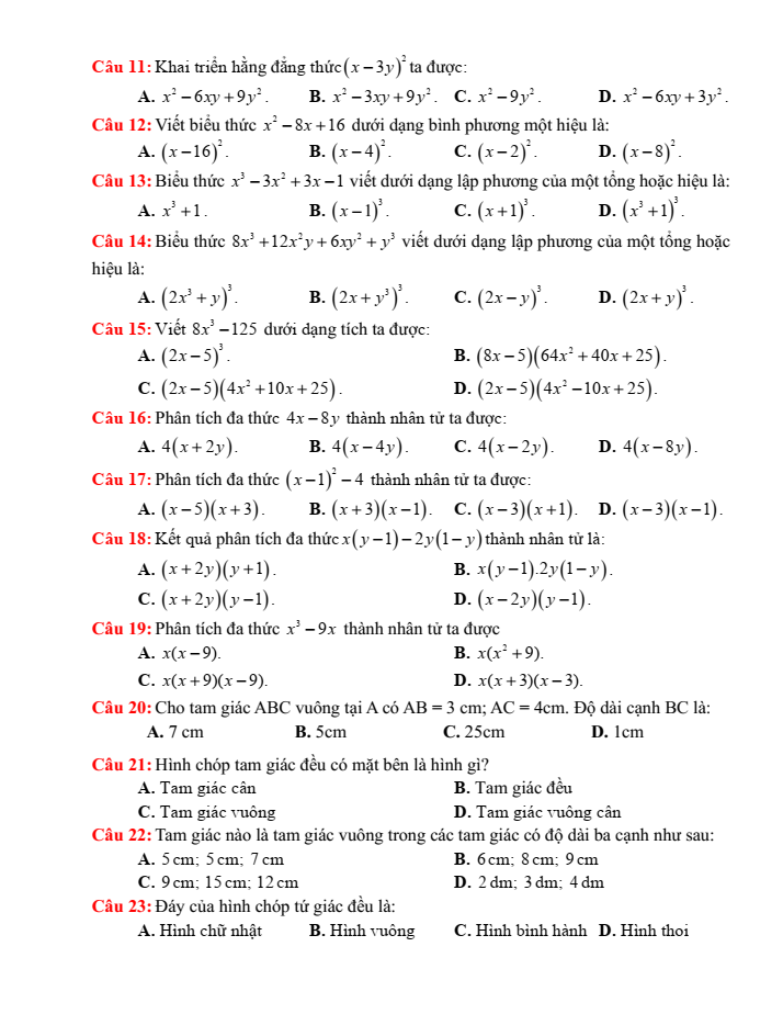 Đề cương ôn tập Giữa kì 1 Toán 8 trường THCS Mai Động năm 2025-2026