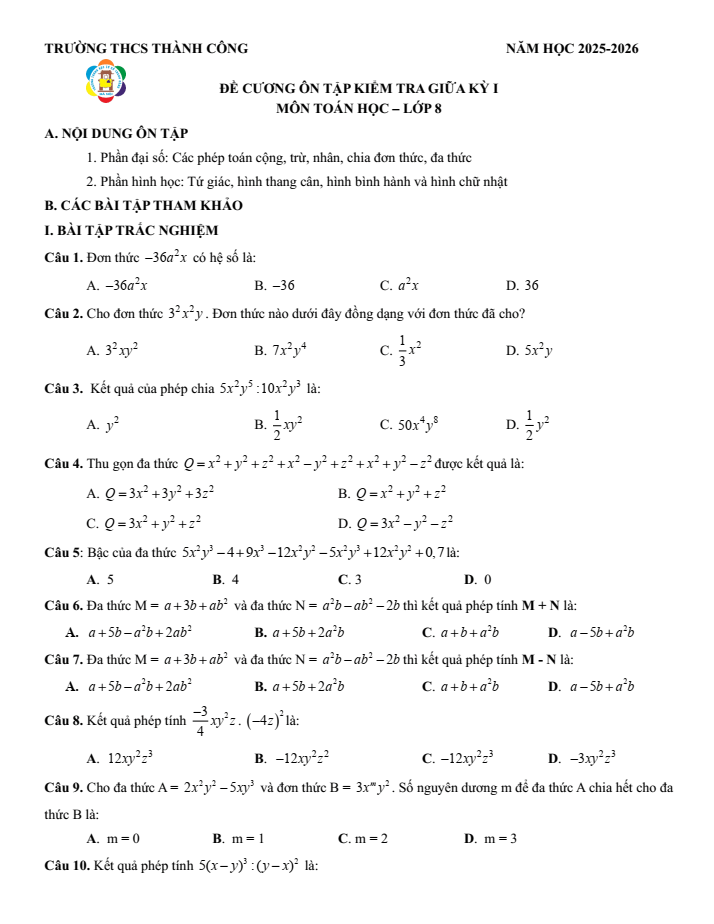 Đề cương ôn tập Giữa kì 1 Toán 8 trường THCS Thành Công năm 2025-2026