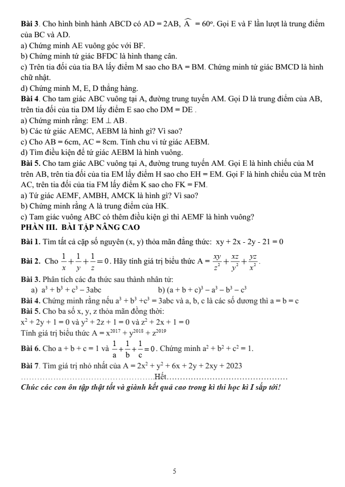 Đề cương ôn tập Học kì 1 Toán 8 trường THCS Lê Quý Đôn năm 2024-2025
