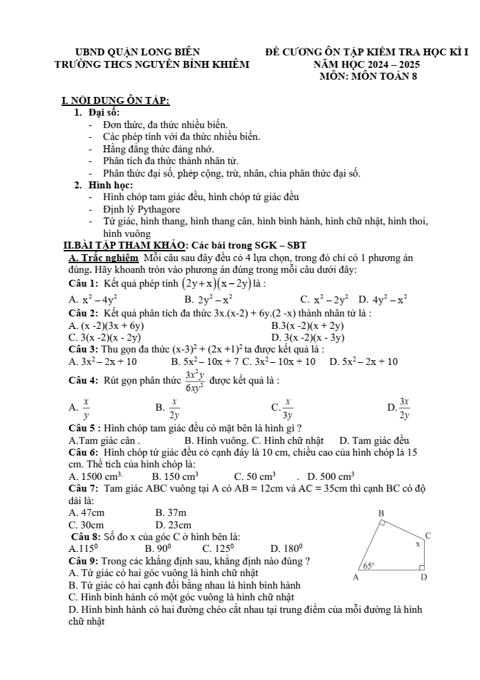 Đề cương ôn tập Học kì 1 Toán 8 trường THCS Nguyễn Bỉnh Khiêm năm 2024-2025