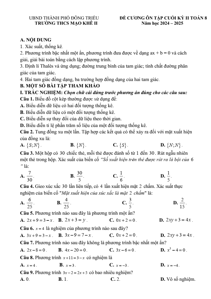 Đề cương ôn tập Học kì 2 Toán 8 trường THCS Mạo Khê II năm 2024-2025