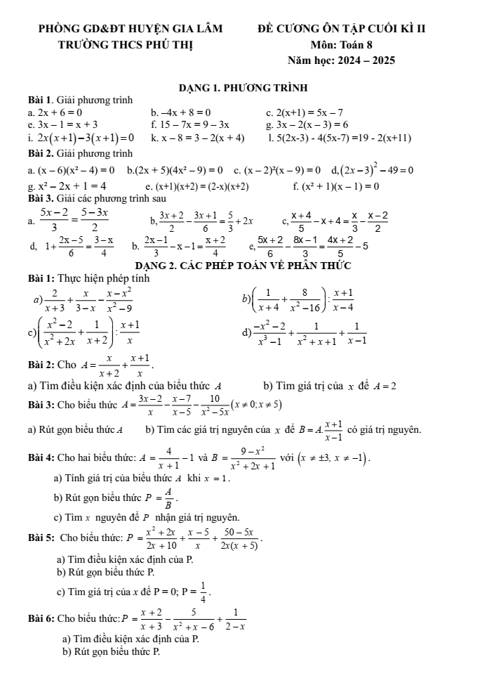 Đề cương ôn tập Học kì 2 Toán 8 trường THCS Phú Thị năm 2024-2025