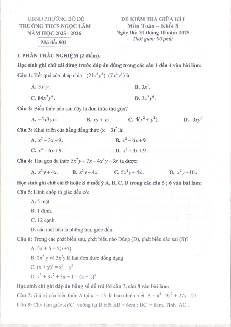 Đề thi Giữa kì 1 Toán 8 THCS Ngọc Lâm năm 2025-2026