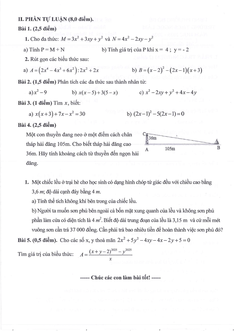 Đề thi Giữa kì 1 Toán 8 THCS Ngọc Lâm năm 2025-2026