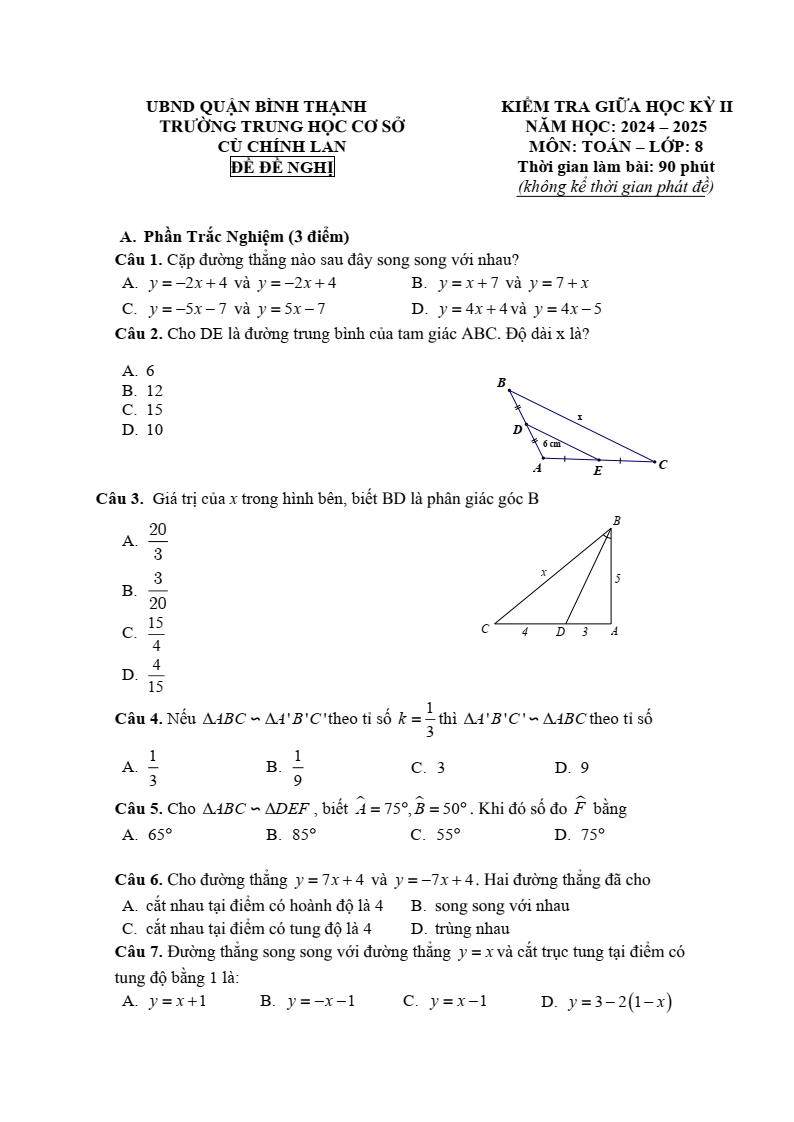 Đề thi Giữa kì 2 Toán 8 phòng GD&ĐT Bình Thạnh (Tp.HCM) năm 2024-2025
