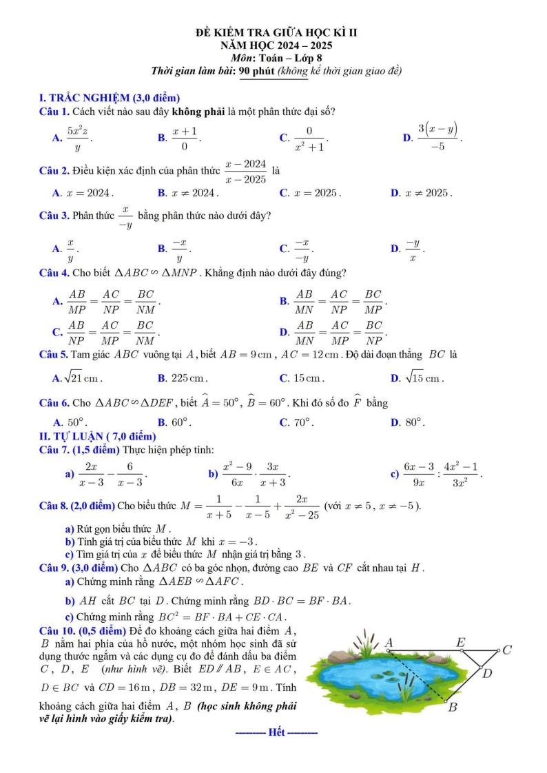 Đề thi Giữa kì 2 Toán 8 phòng GD&ĐT Lương Tài (Bắc Ninh) năm 2024-2025