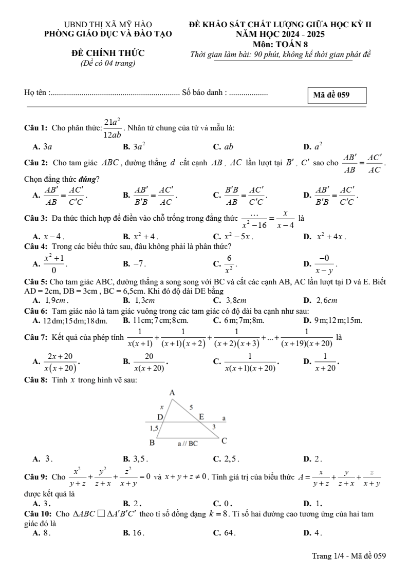 Đề thi Giữa kì 2 Toán 8 phòng GD&ĐT Mỹ Hào (Hưng Yên) năm 2024-2025