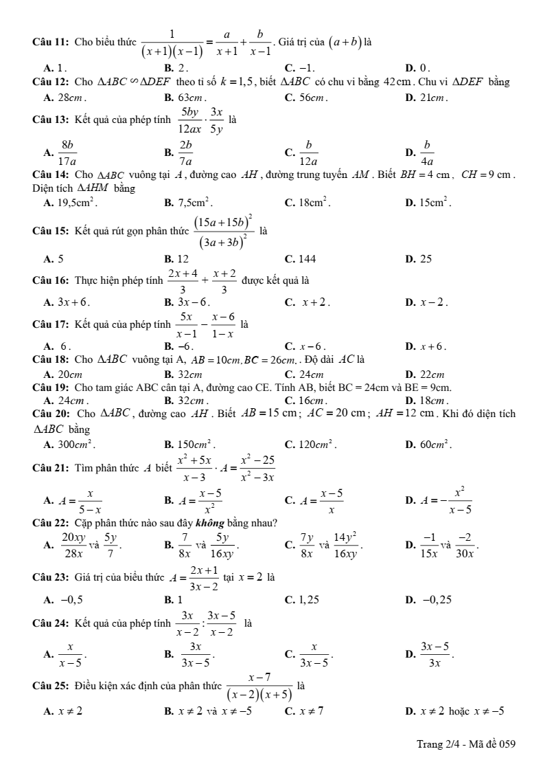 Đề thi Giữa kì 2 Toán 8 phòng GD&ĐT Mỹ Hào (Hưng Yên) năm 2024-2025