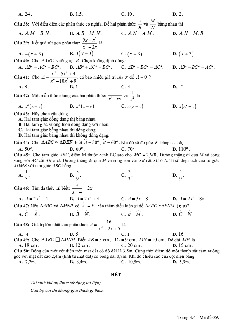 Đề thi Giữa kì 2 Toán 8 phòng GD&ĐT Mỹ Hào (Hưng Yên) năm 2024-2025