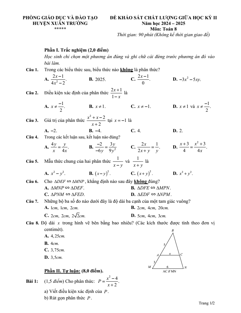 Đề thi Giữa kì 2 Toán 8 phòng GD&ĐT Xuân Trường (Nam Định) năm 2024-2025