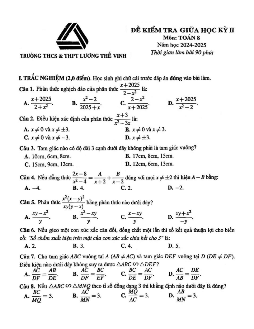 Đề thi Giữa kì 2 Toán 8 trường Lương Thế Vinh (Hà Nội) năm 2024-2025
