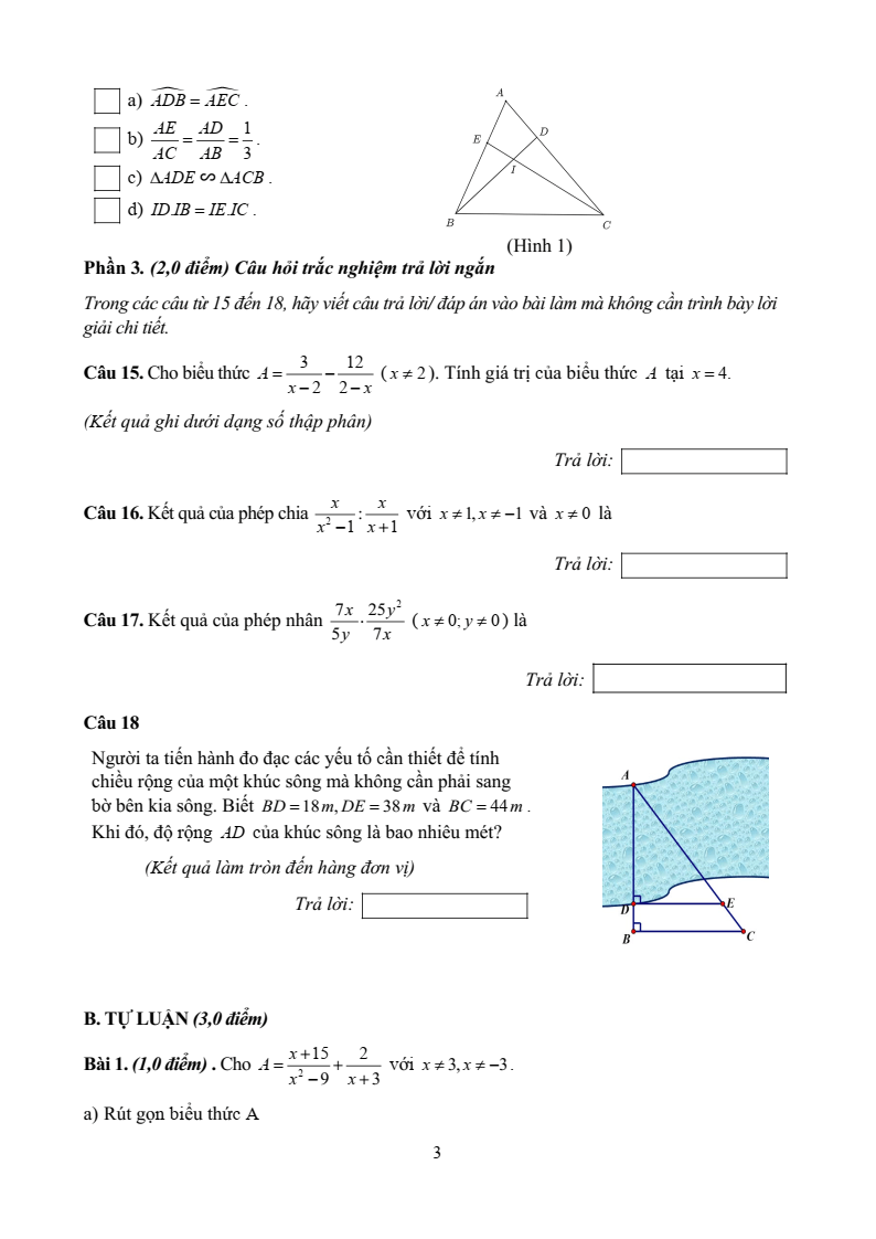 Đề thi Giữa kì 2 Toán 8 trường TH&THCS Quất Lưu (Vĩnh Phúc) năm 2024-2025