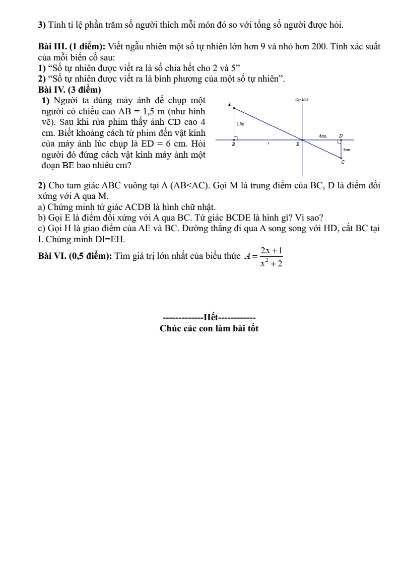 Đề thi Giữa kì 2 Toán 8 trường THCS Ái Mộ (Hà Nội) năm 2024-2025