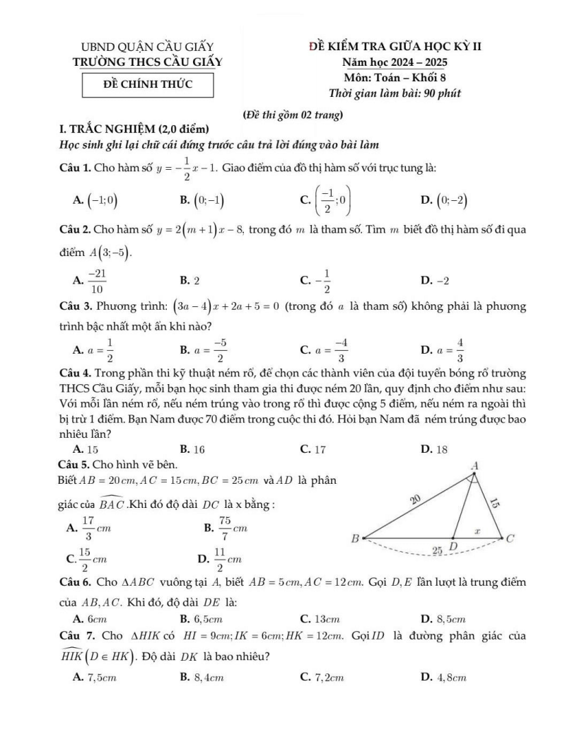 Đề thi Giữa kì 2 Toán 8 trường THCS Cầu Giấy (Hà Nội) năm 2024-2025