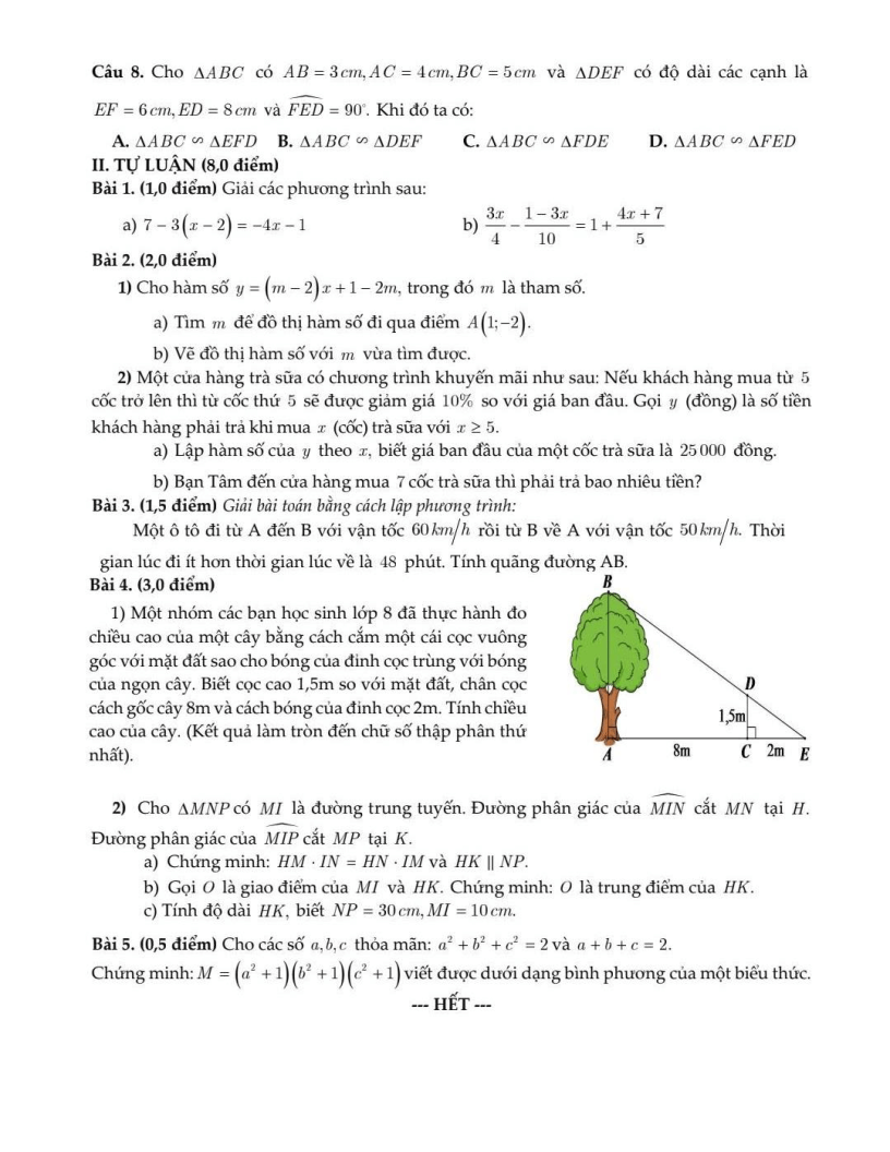 Đề thi Giữa kì 2 Toán 8 trường THCS Cầu Giấy (Hà Nội) năm 2024-2025