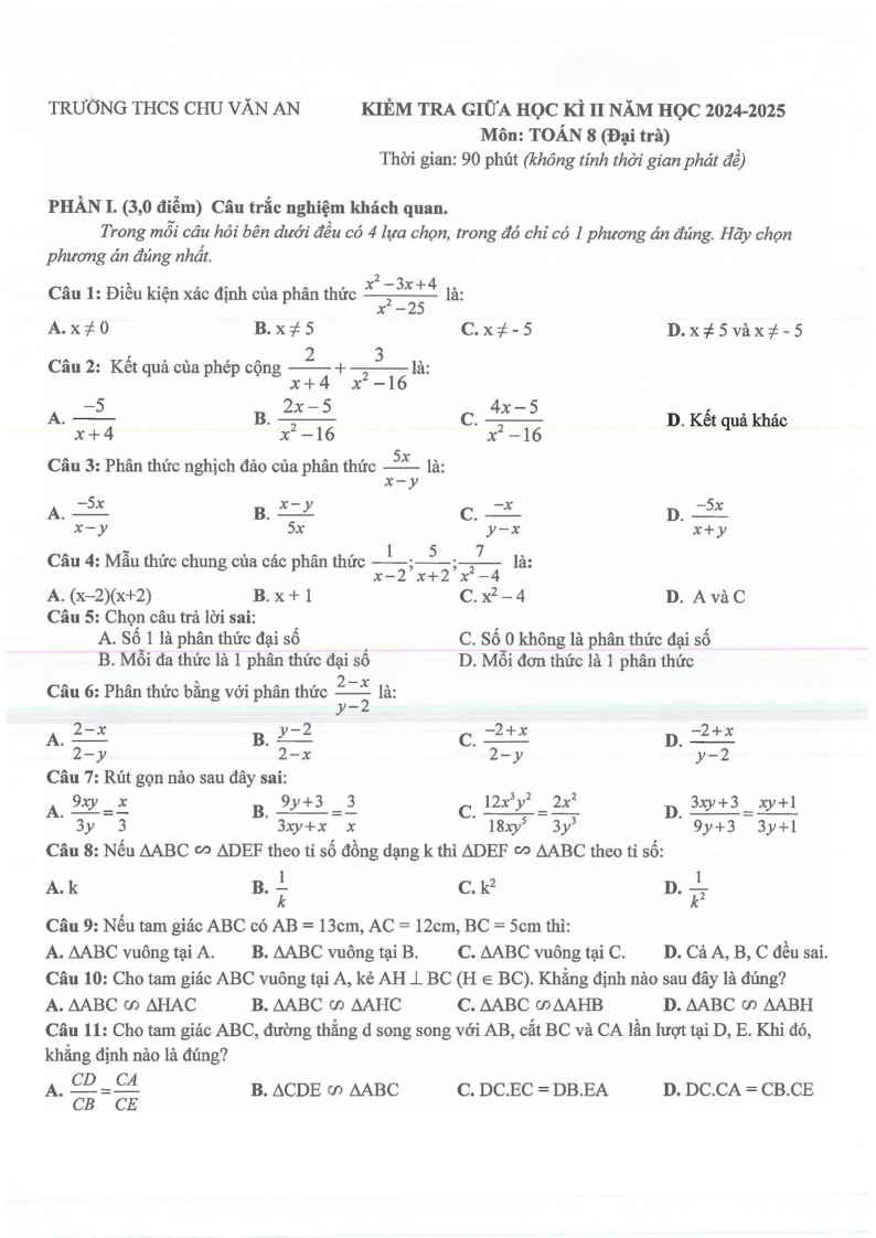 Đề thi Giữa kì 2 Toán 8 trường THCS Chu Văn An (Bình Dương) năm 2024-2025