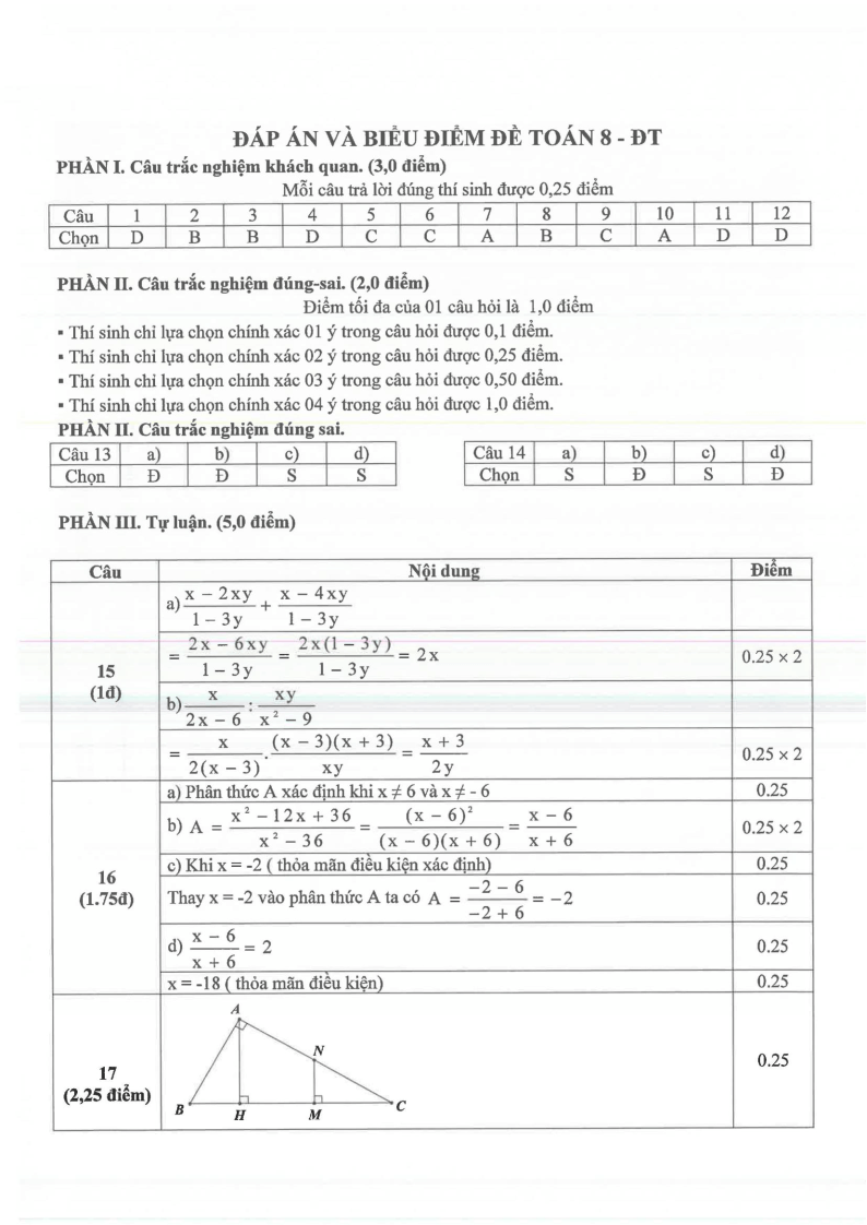 Đề thi Giữa kì 2 Toán 8 trường THCS Chu Văn An (Bình Dương) năm 2024-2025