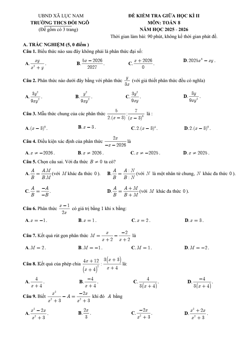Đề thi Giữa kì 2 Toán 8 trường THCS Đồi Ngô (Bắc Ninh) năm 2025-2026