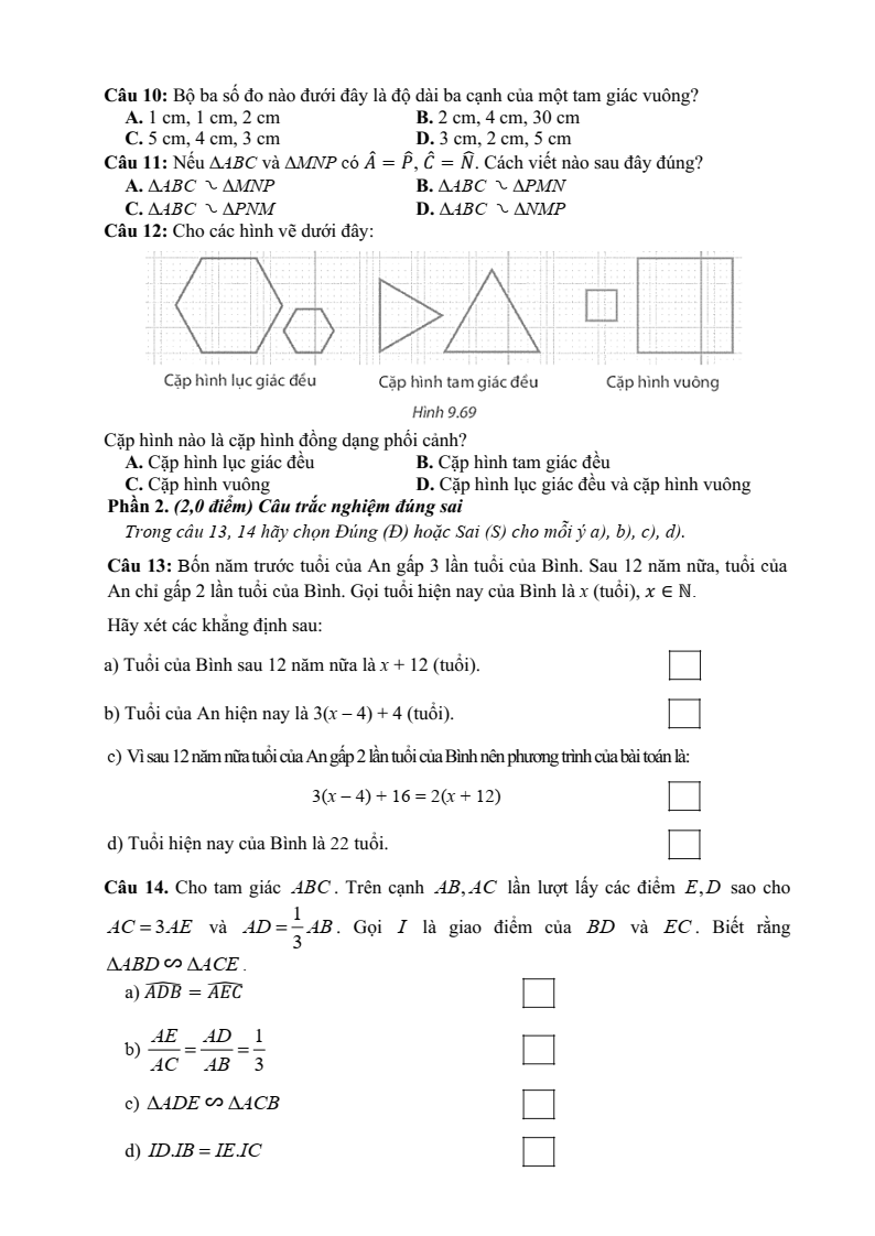 Đề thi Giữa kì 2 Toán 8 trường THCS Động Đạt I (Thái Nguyên) năm 2025-2026