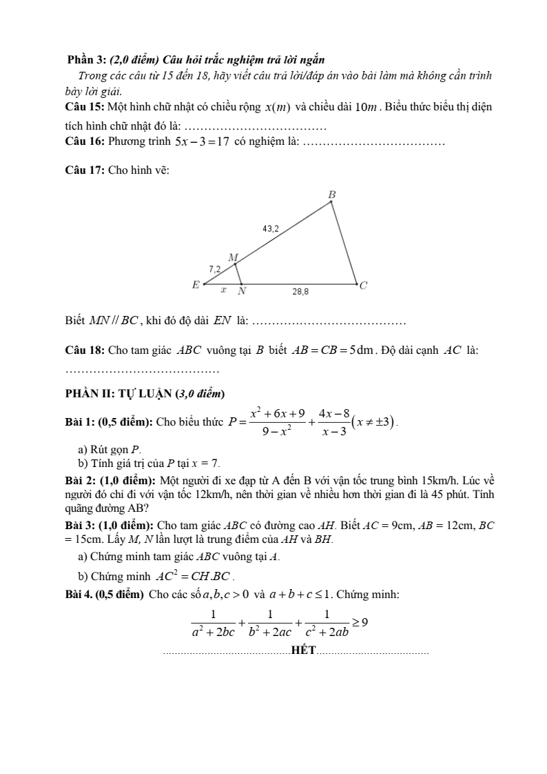 Đề thi Giữa kì 2 Toán 8 trường THCS Động Đạt I (Thái Nguyên) năm 2025-2026
